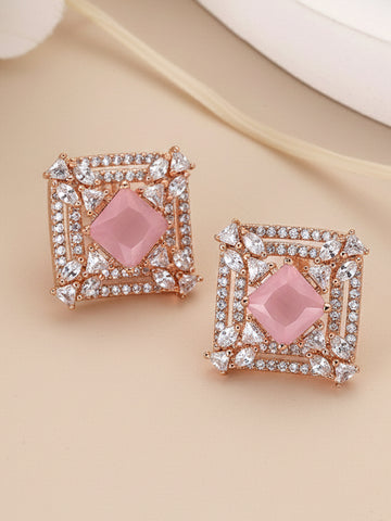 Karatcart Rose Gold Plated Pink Stones AD Stud Earrings for Women