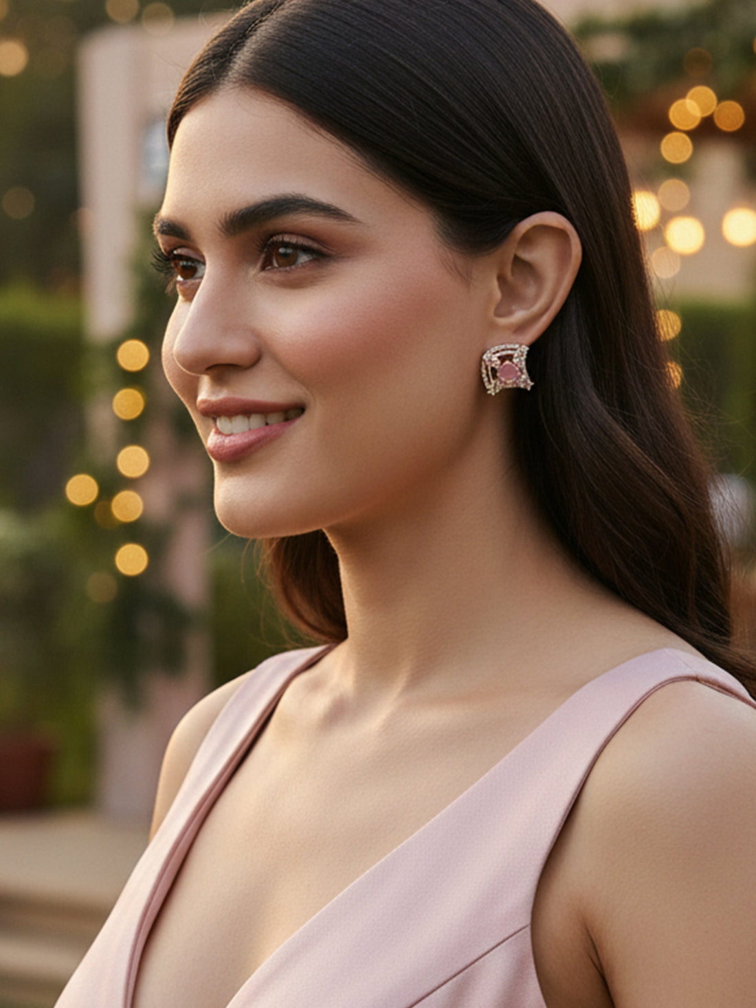 Karatcart Rose Gold Plated Pink Stones AD Stud Earrings for Women