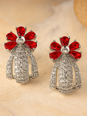 Karatcart Silver Plated Red Stones Floral Design AD Stud Earrings for Women