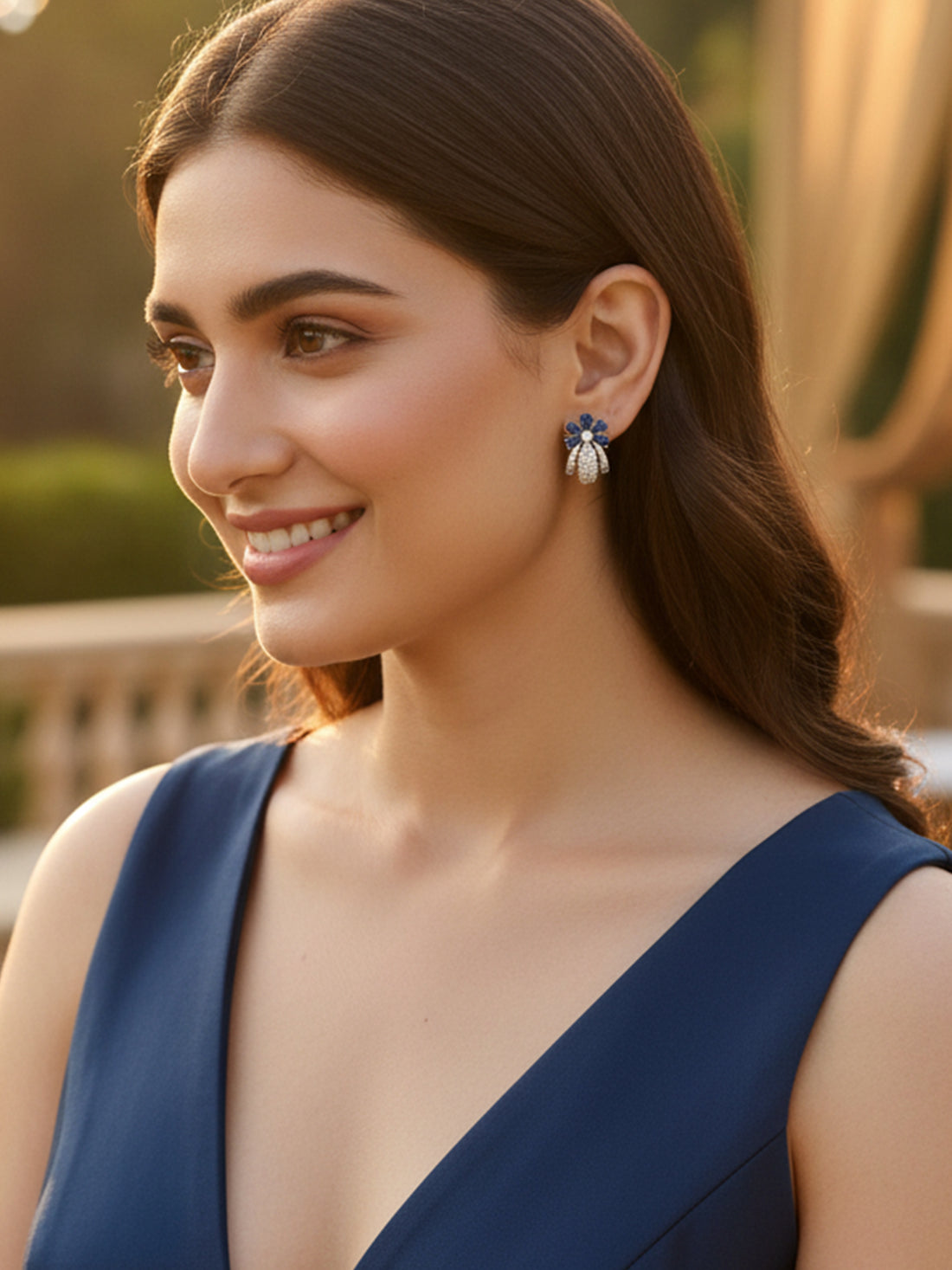 Karatcart Silver Plated Blue Stones Floral Design AD Stud Earrings for Women