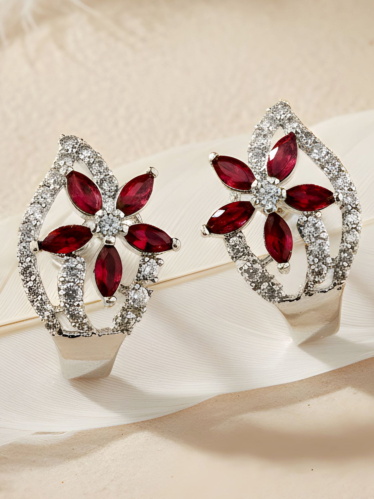 Karatcart Red Stones Silver Plated Floral Design AD Stud Earrings for Women