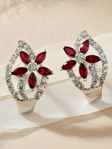 Karatcart Red Stones Silver Plated Floral Design AD Stud Earrings for Women