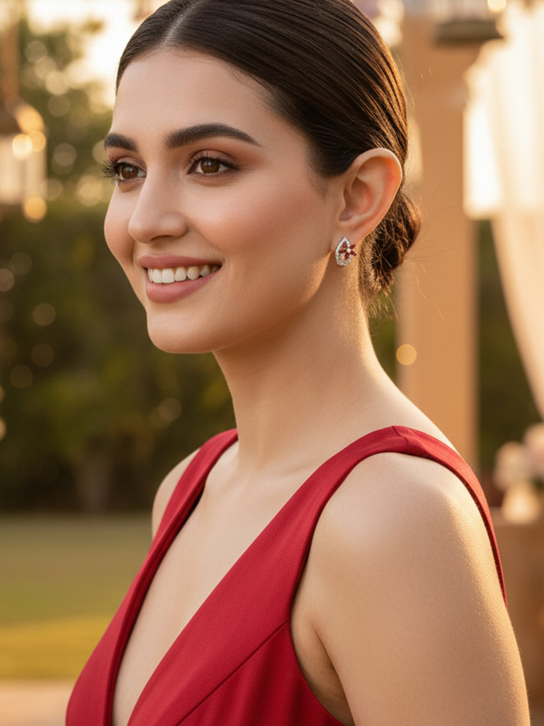 Karatcart Red Stones Silver Plated Floral Design AD Stud Earrings for Women