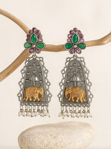 Karatcart Oxidised Silver Elephant Design Drop Earrings for Women