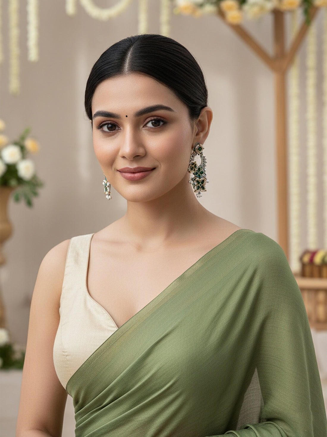 Karatcart Oxidised Silver Green Kundan Drop Earrings for Women