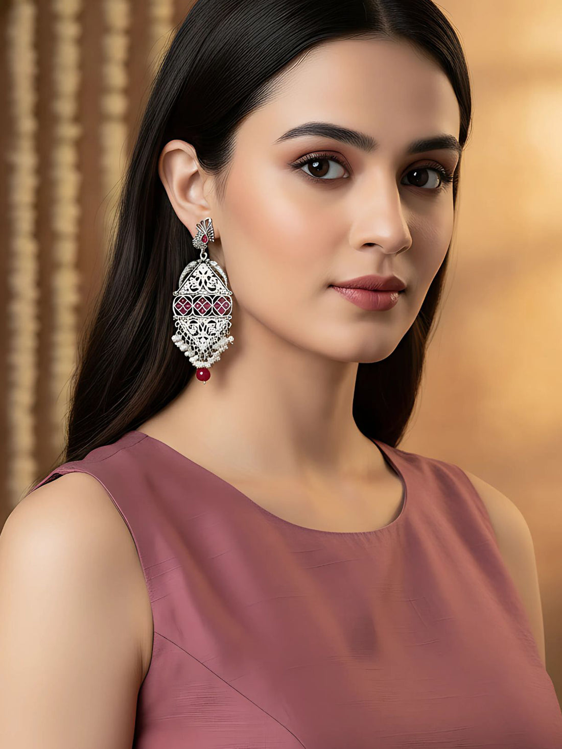 Karatcart Oxidised Silver Red Stone Peacock Kundan Dangler Earrings for Women