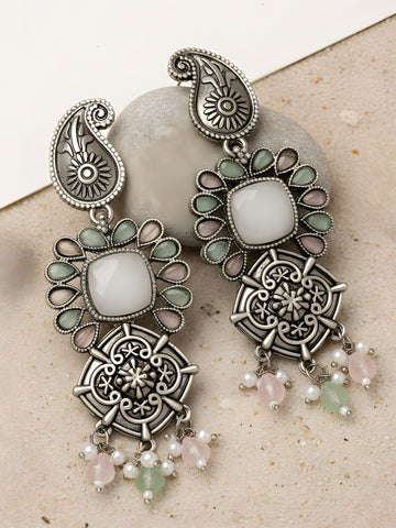 Karatcart Oxidised Silver Pink and Lime Green Stone Floral Design Kundan Dangler Earrings for Women