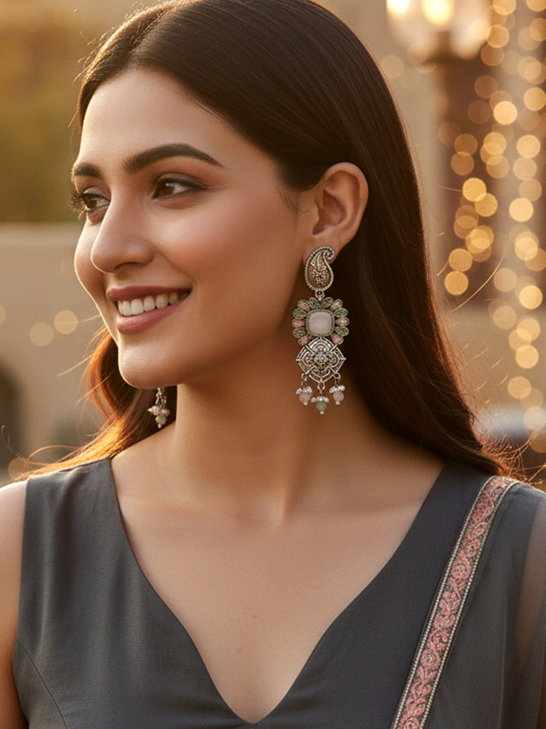 Karatcart Oxidised Silver Pink and Lime Green Stone Floral Design Kundan Dangler Earrings for Women