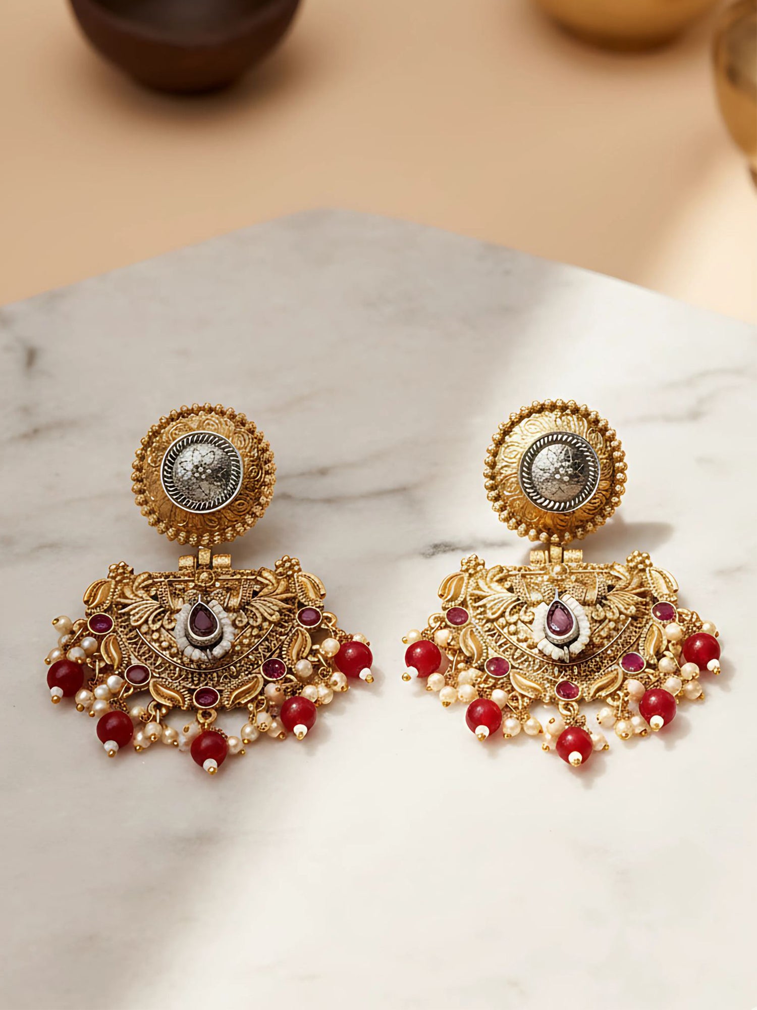 Karatcart Traditional Gold Plated Red Beads Peacock Design Kundan Dangler Earrings for Women