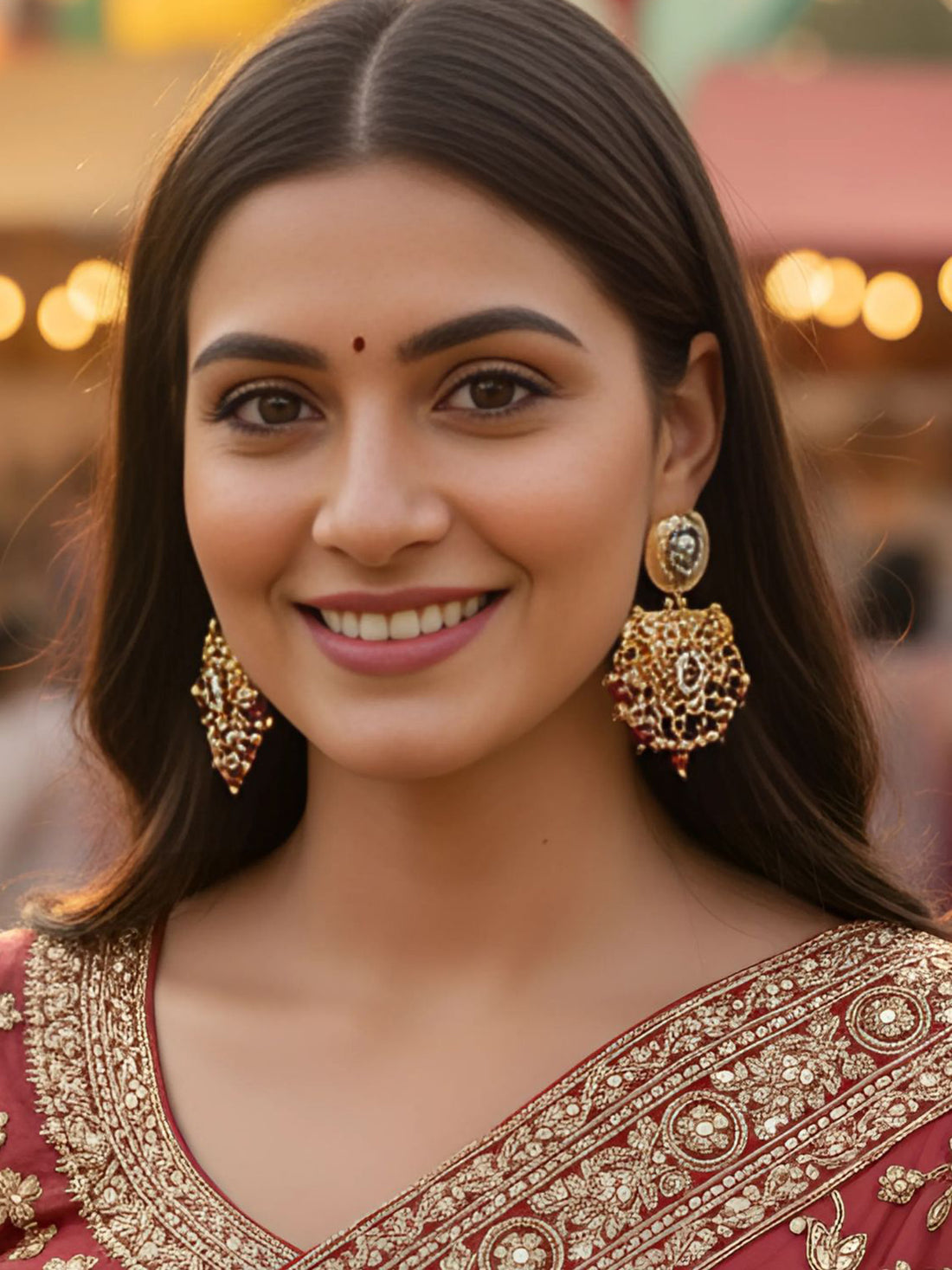 Karatcart Traditional Gold Plated Red Beads Peacock Design Kundan Dangler Earrings for Women
