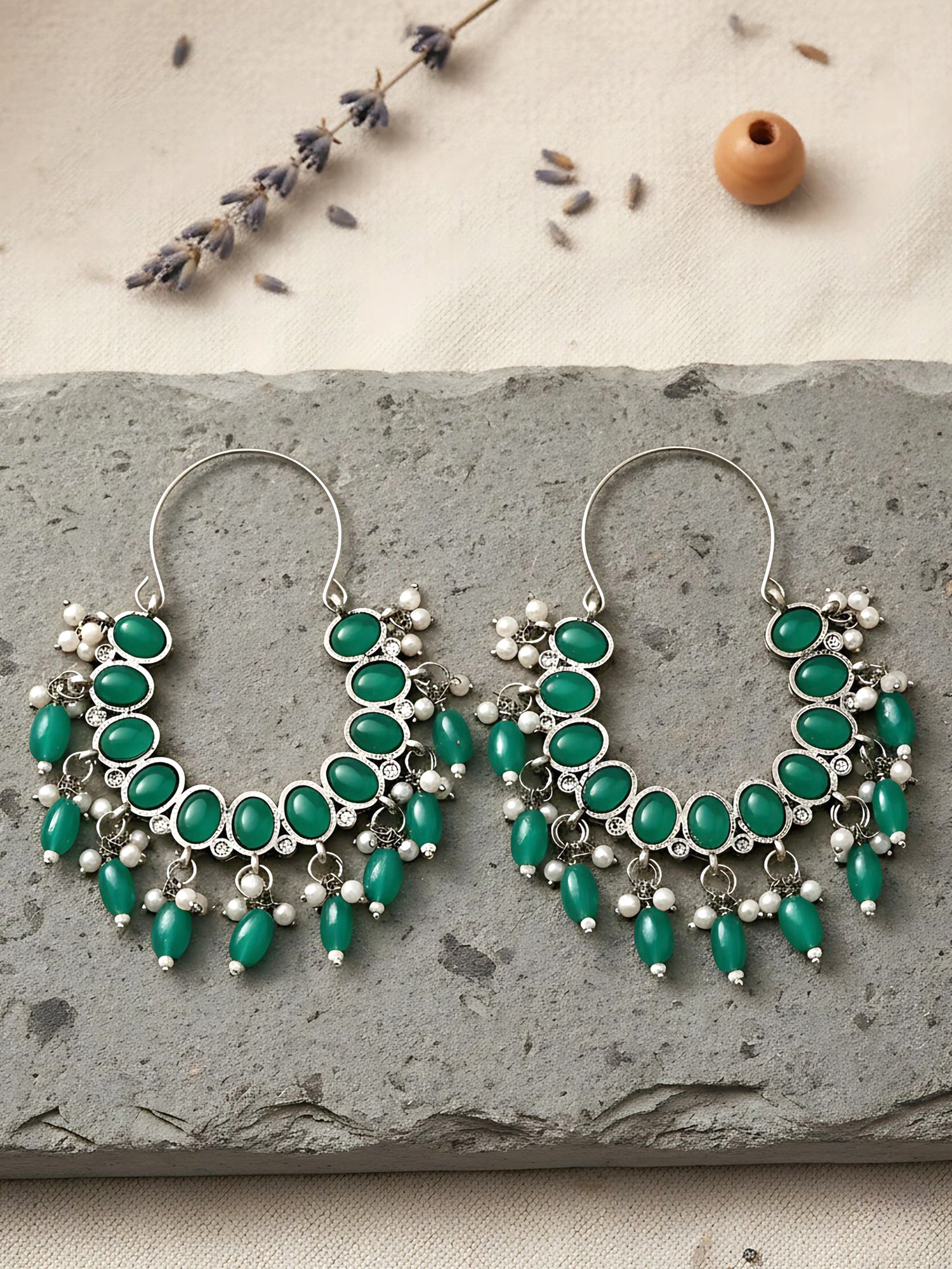 Karatcart Oxidised Silver Green Stone Kundan Hoop Earrings for Women