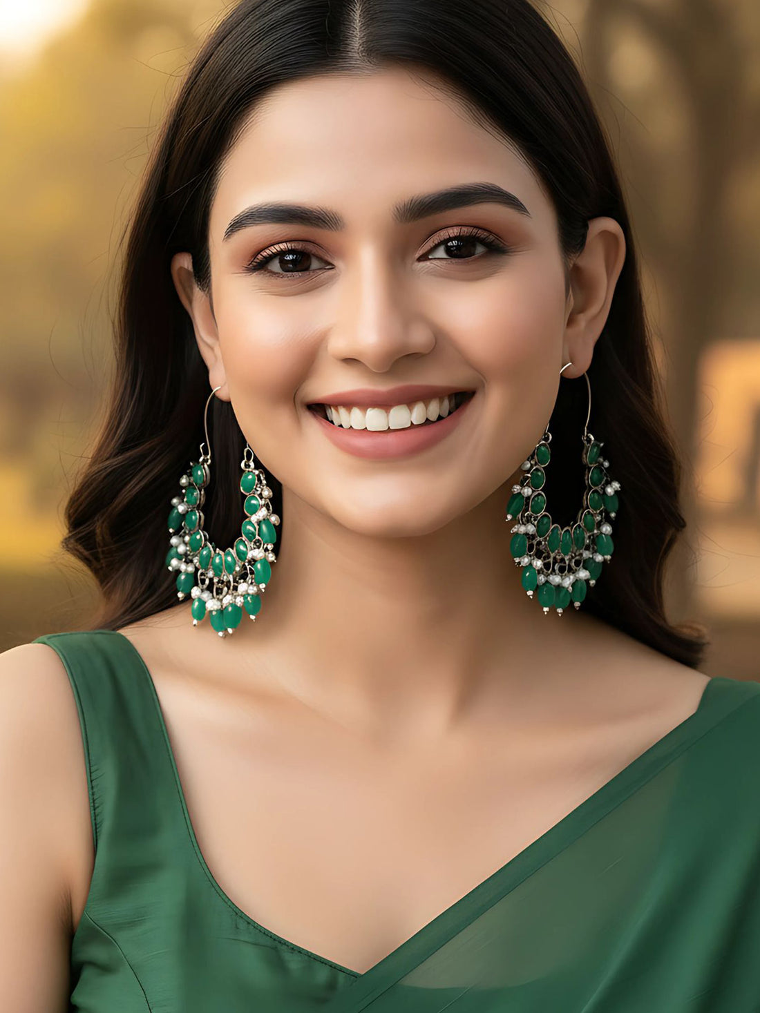 Karatcart Oxidised Silver Green Stone Kundan Hoop Earrings for Women
