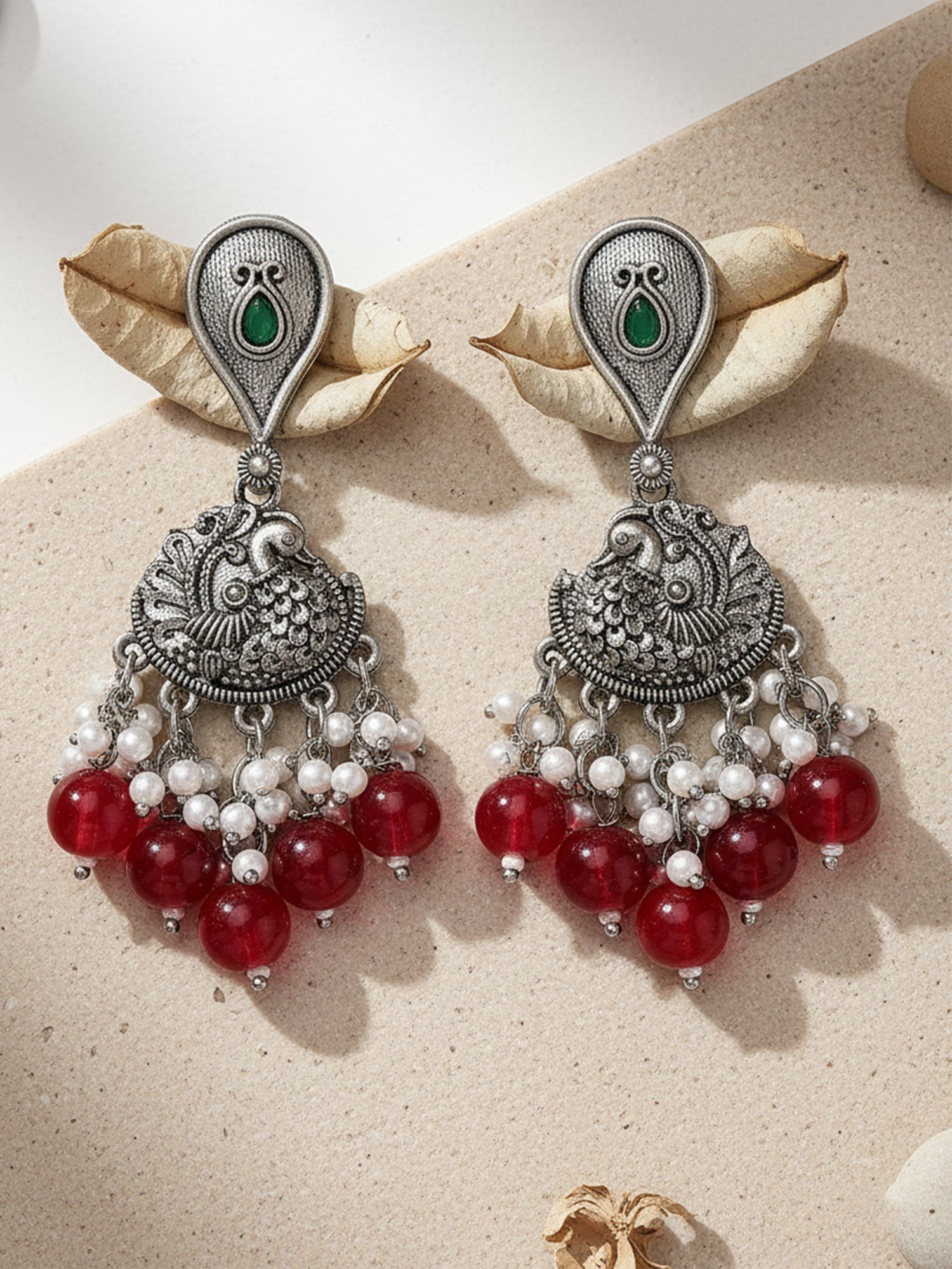 Karatcart Oxidised Silver Red Beads Peacock Design Kundan Drop Earrings for Women