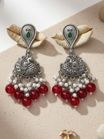 Karatcart Oxidised Silver Red Beads Peacock Design Kundan Drop Earrings for Women