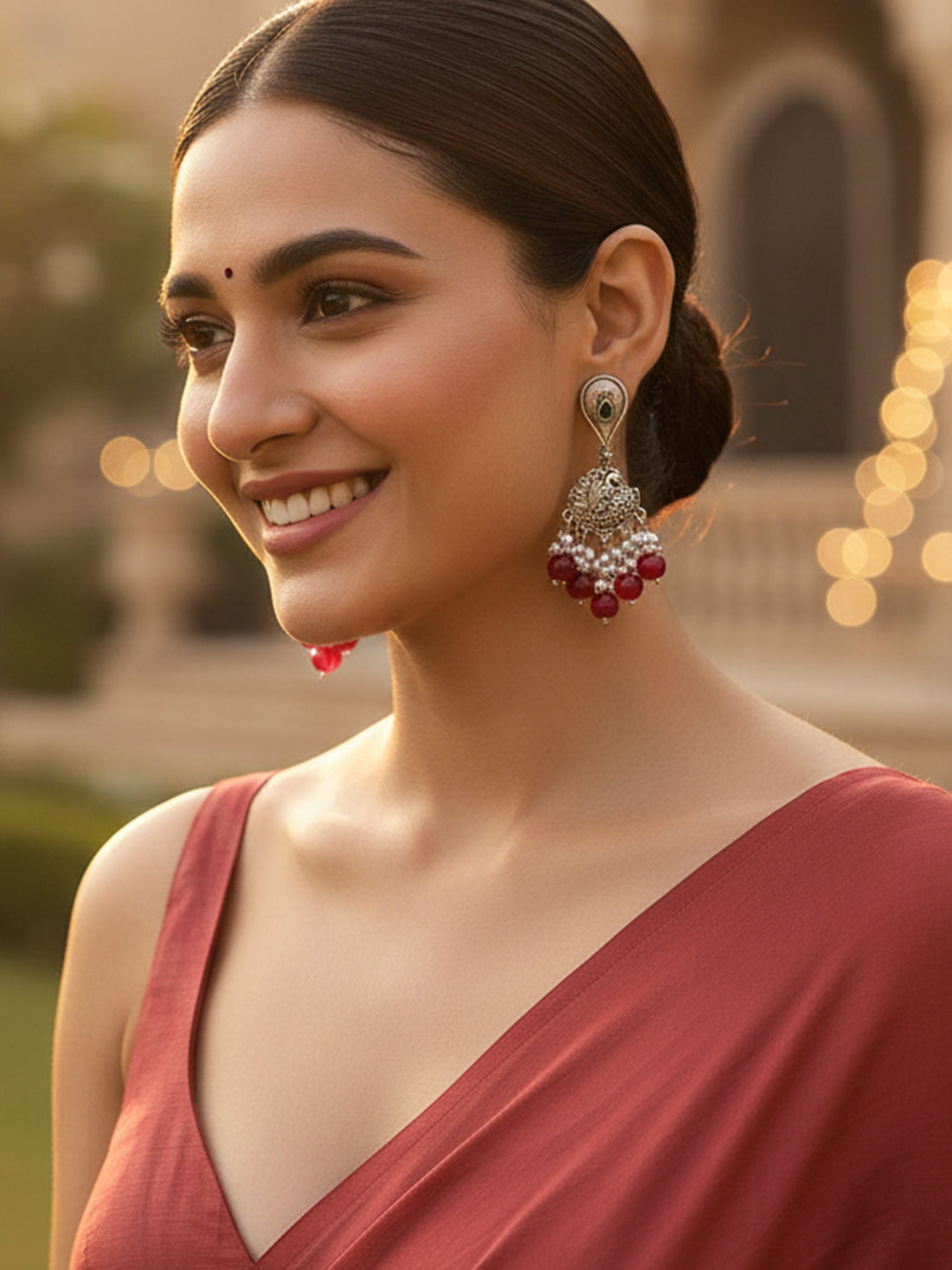 Karatcart Oxidised Silver Red Beads Peacock Design Kundan Drop Earrings for Women