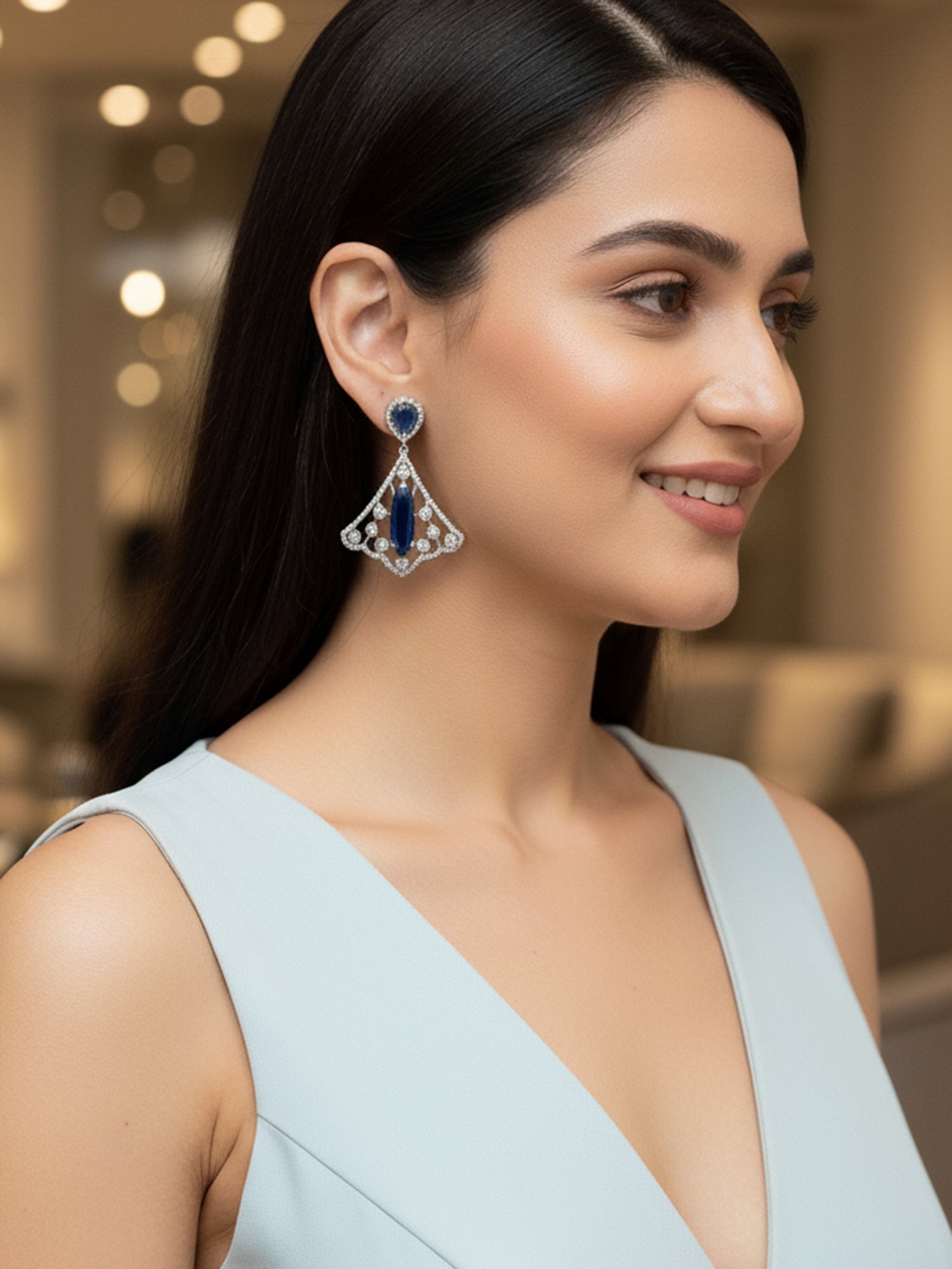 Karatcart Sparkling Silver Plated Earrings with Blue American Diamond Drops