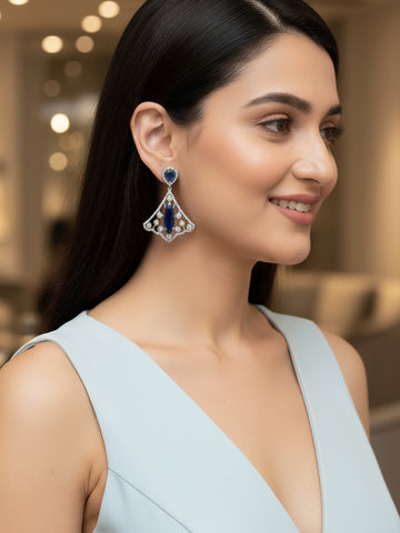 Karatcart Sparkling Silver Plated Earrings with Blue American Diamond Drops