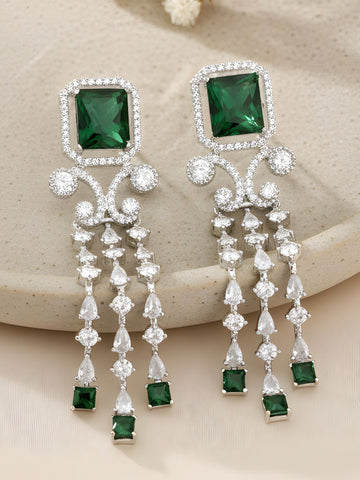 Karatcart Luxurious Green American Diamond Stone Drop Earrings in Silver Plating for Women