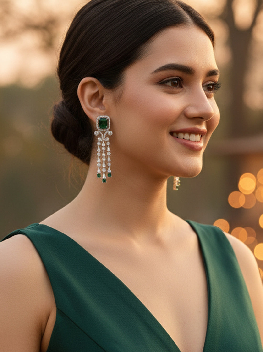 Karatcart Luxurious Green American Diamond Stone Drop Earrings in Silver Plating for Women