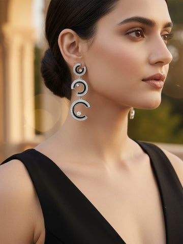 Karatcart Bold Black Enamel Silver Plated Crescent American Diamond Dangle Earrings