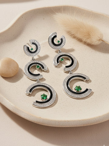 Karatcart Bold Black Enamel Silver Plated Crescent Green American Diamond Dangle Earrings