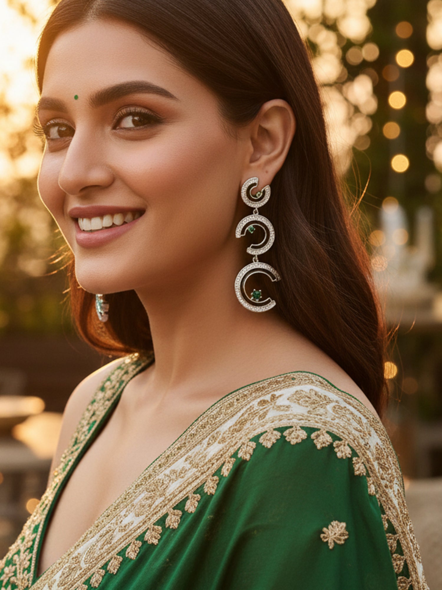 Karatcart Bold Black Enamel Silver Plated Crescent Green American Diamond Dangle Earrings