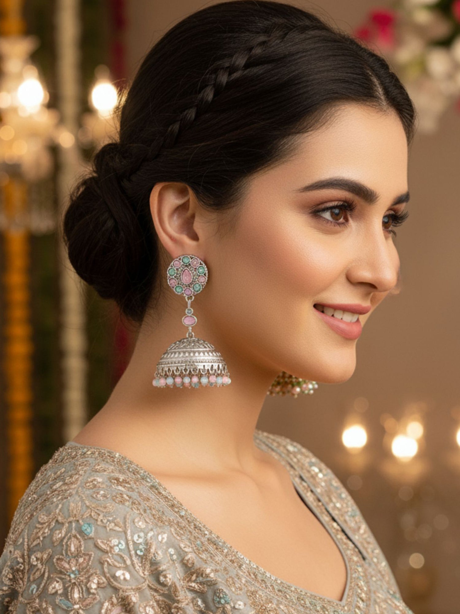 Karatcart Antique Silver Plated Floral Tribal Jhumki Earrings for Women