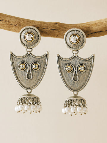 Karatcart Antique Silver Plated Tribal Shield Design Drop Earrings for Women