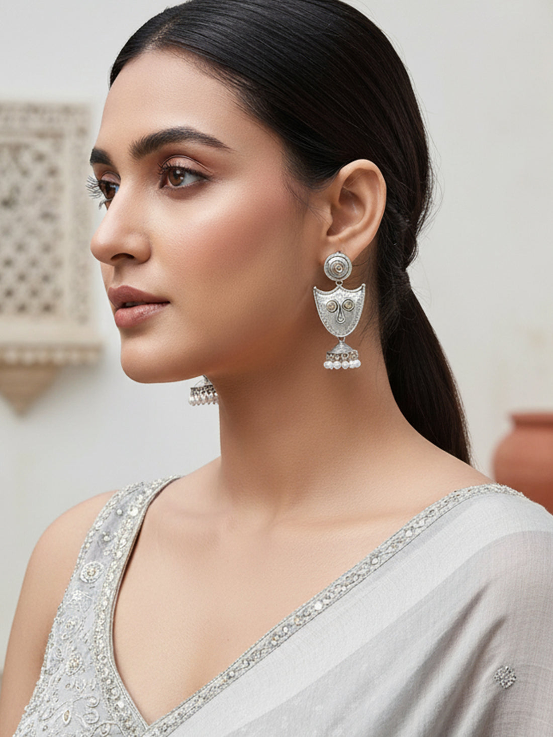 Karatcart Antique Silver Plated Tribal Shield Design Drop Earrings for Women