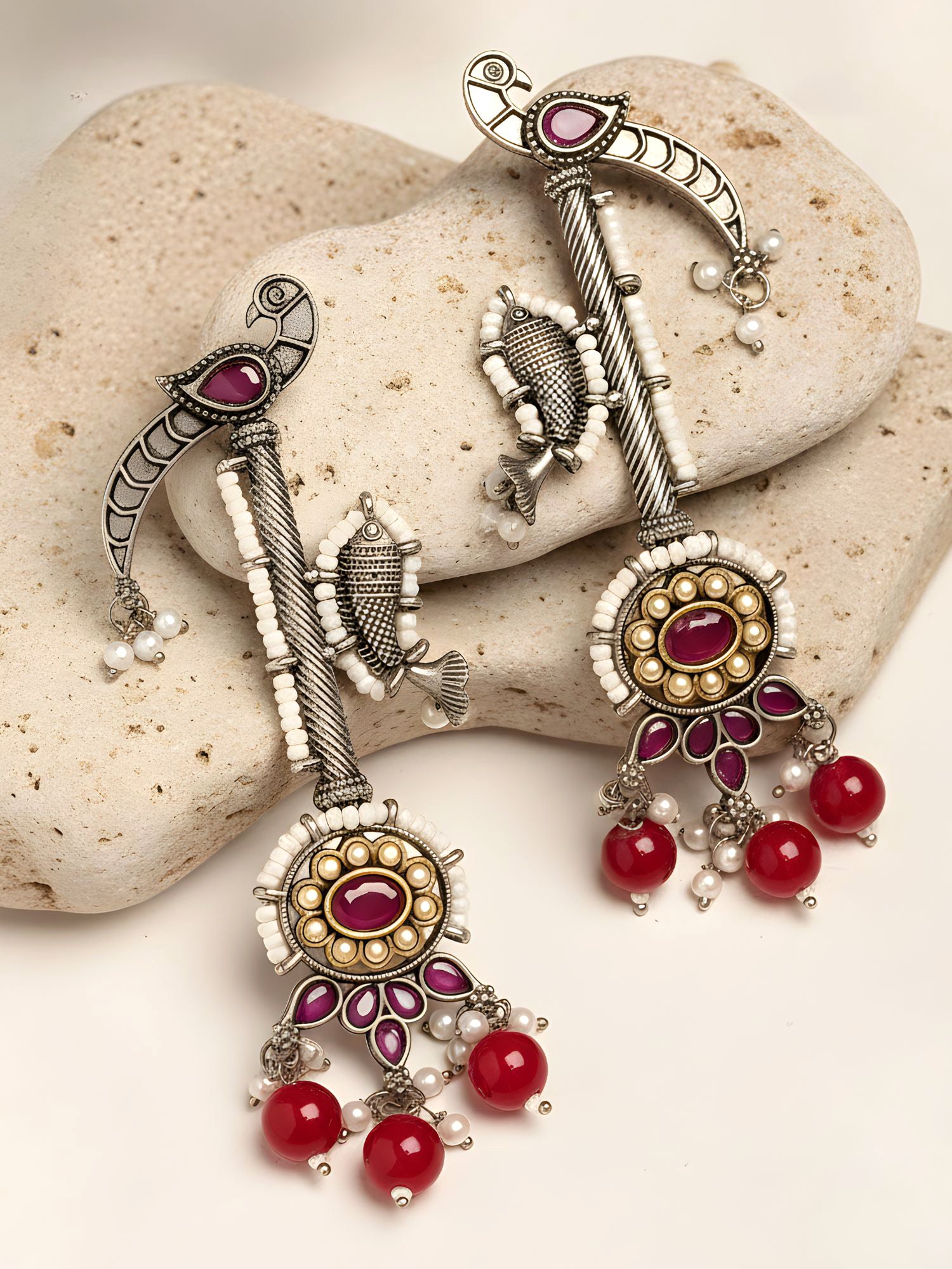 Karatcart Oxidised Silver Peacock Design Tribal Drop Earrings for Women