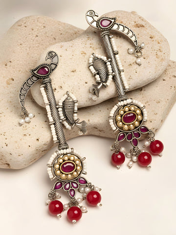 Karatcart Oxidised Silver Peacock Design Tribal Drop Earrings for Women