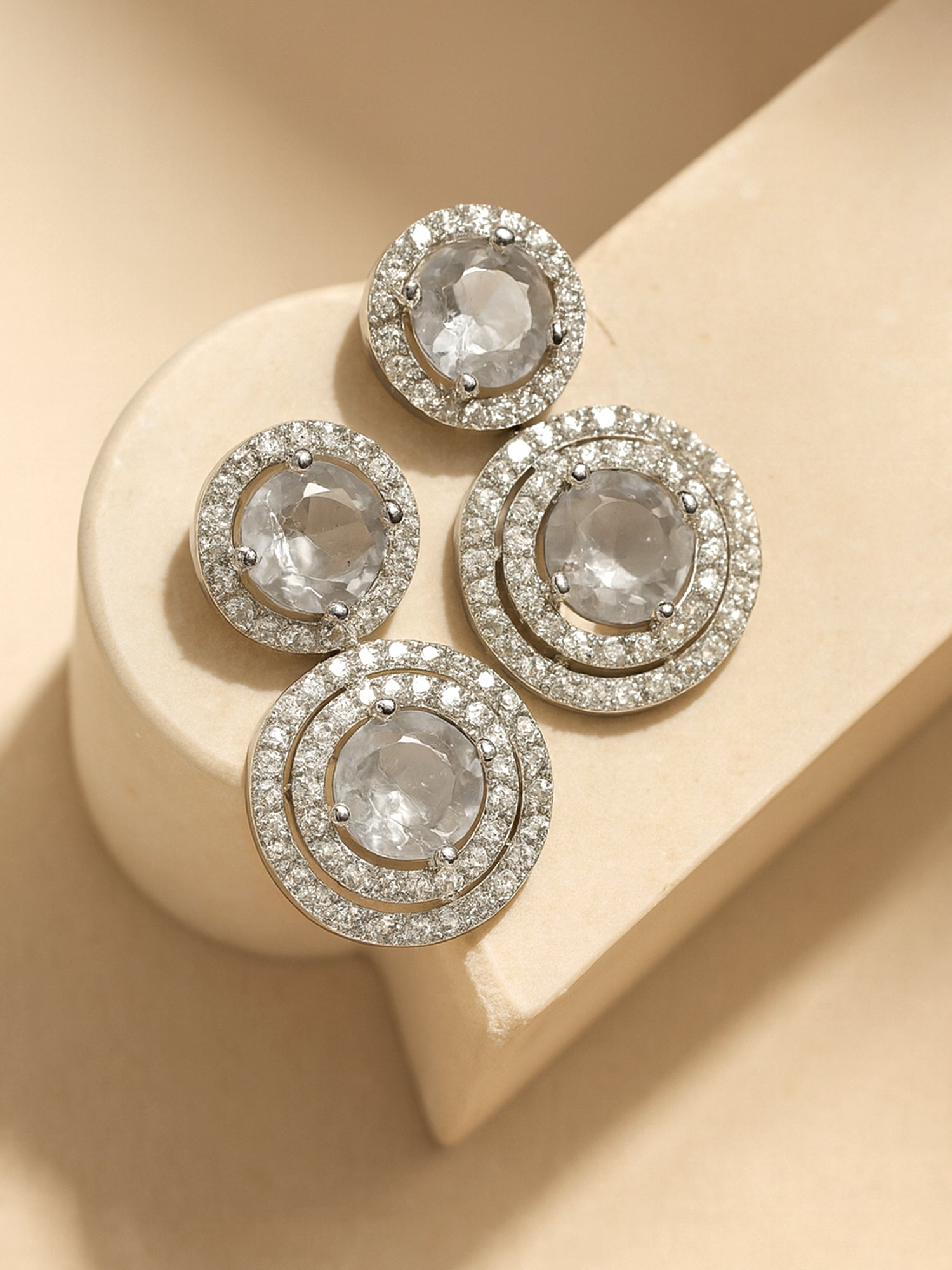 Karatcart Elegant Silver-Tone Round American Diamond Drop Earrings for Women