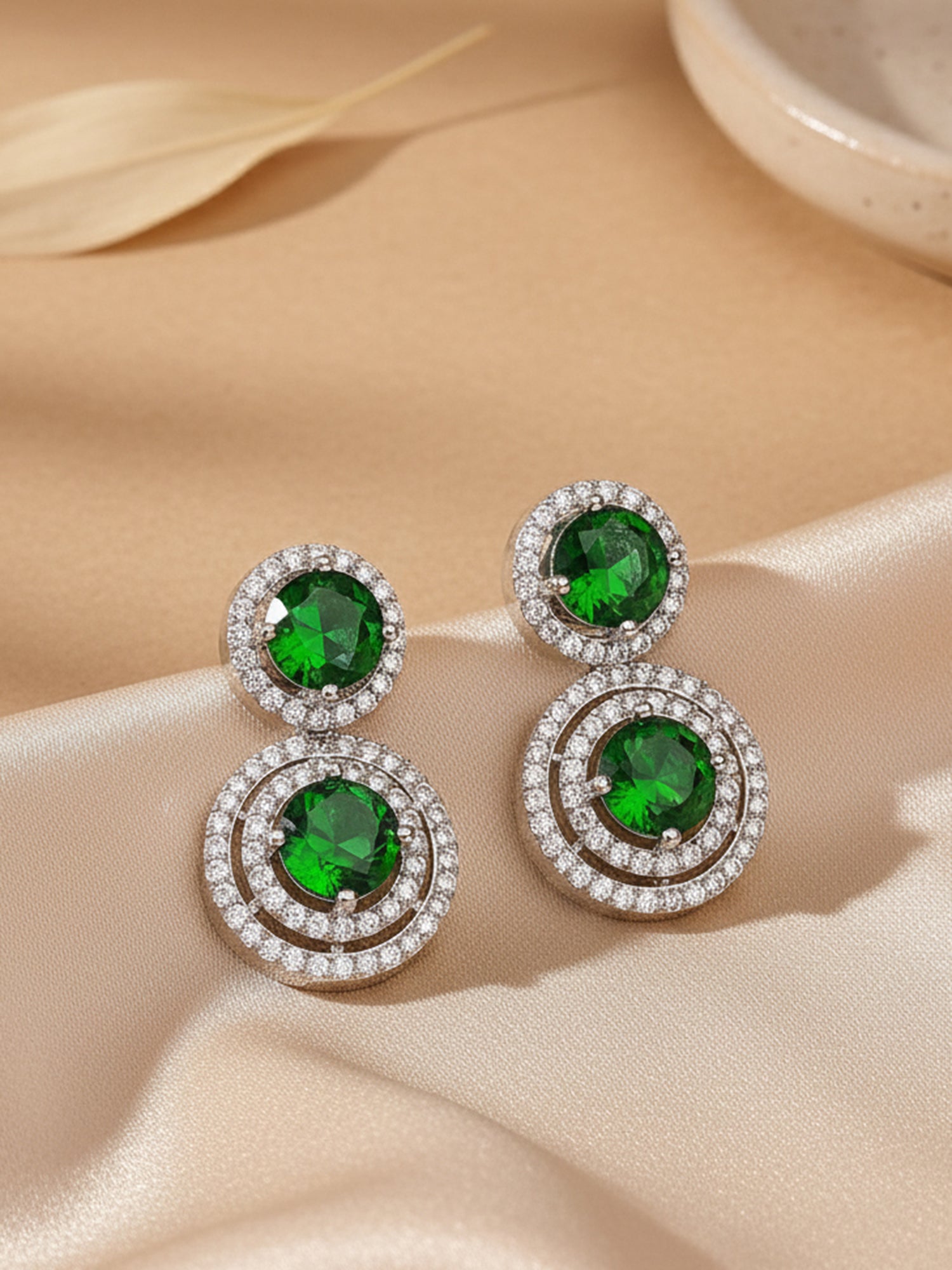 Karatcart Elegant Silver-Tone Round Green American Diamond Drop Earrings for Women