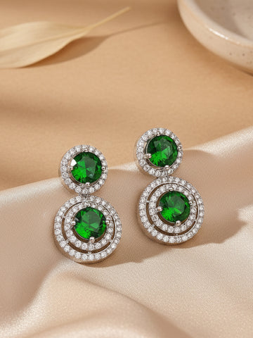 Karatcart Elegant Silver-Tone Round Green American Diamond Drop Earrings for Women