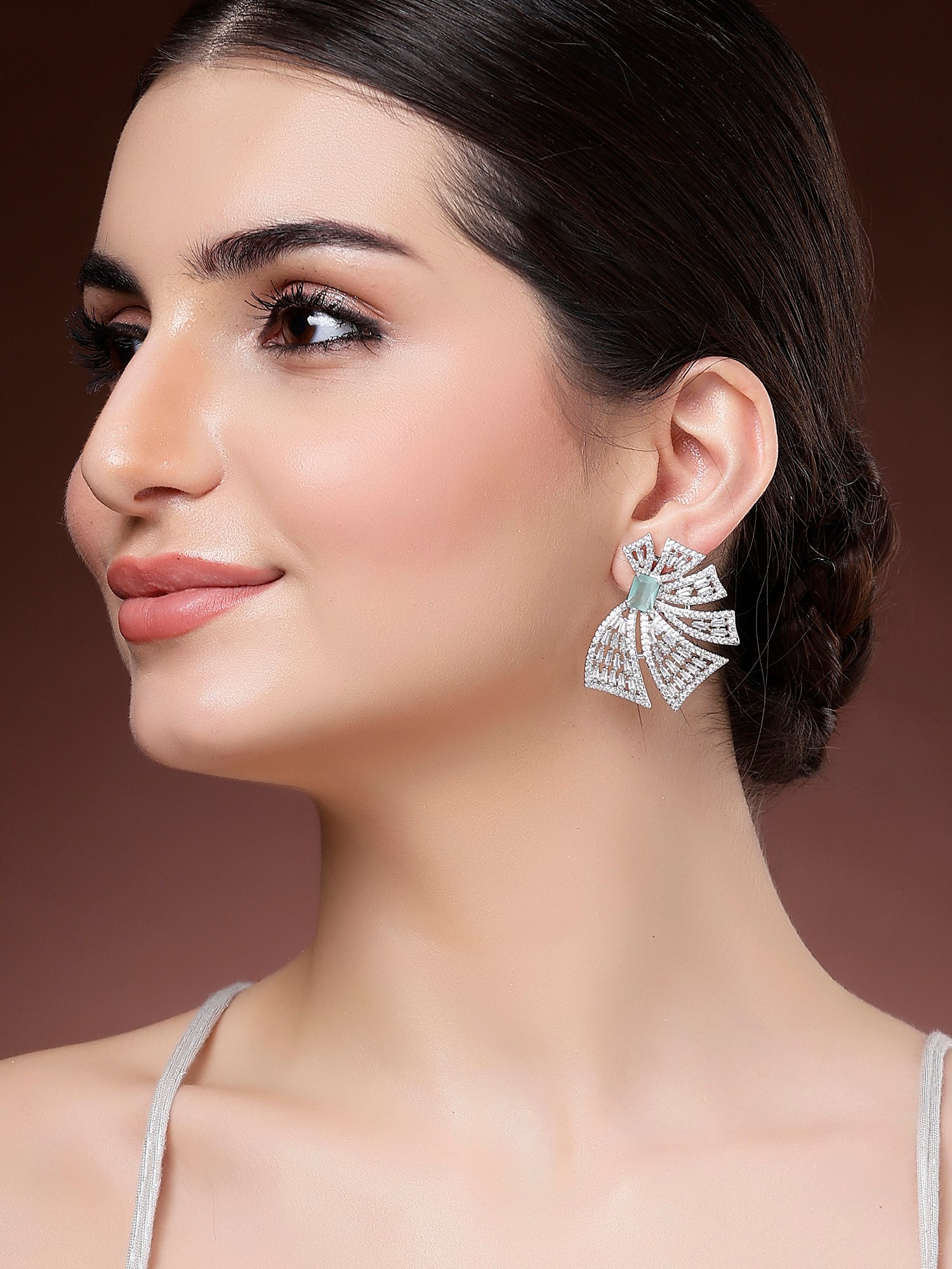 Karatcart Designer Lime Green American Diamond Floral Stud Earrings for Women