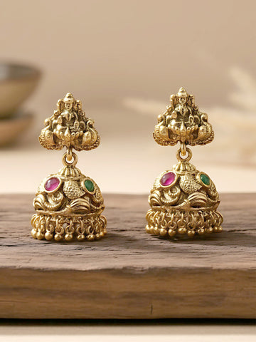 Karatcart Elegant Red and Green Stone Gold Plated Laxmi Mata Design Jhumki Earrings for Women