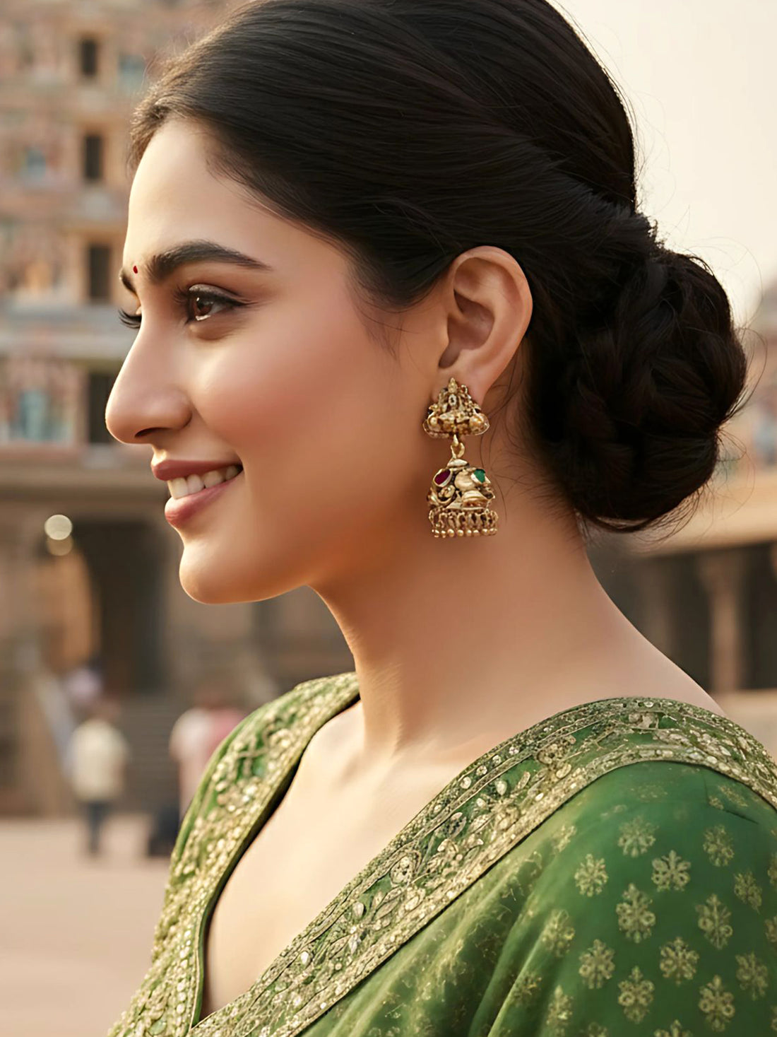 Karatcart Elegant Red and Green Stone Gold Plated Laxmi Mata Design Jhumki Earrings for Women