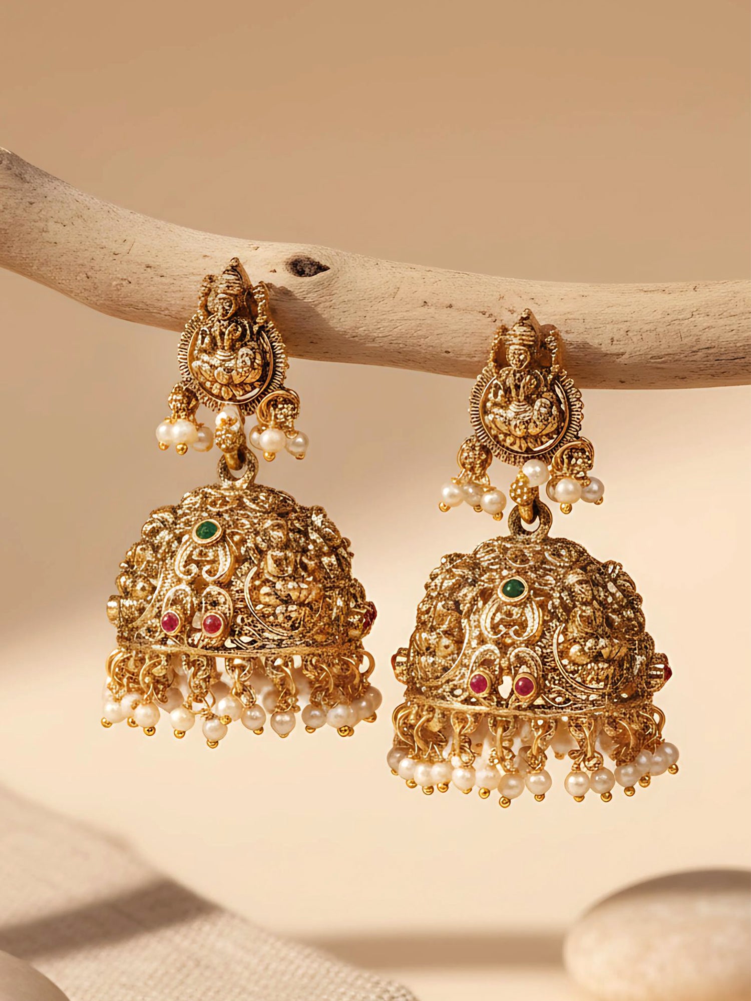 Karatcart Traditional Gold Plated Temple Jhumka Earrings with Laxmi Mata and Pearl Drops for Women
