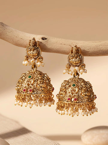 Karatcart Traditional Gold Plated Temple Jhumka Earrings with Laxmi Mata and Pearl Drops for Women