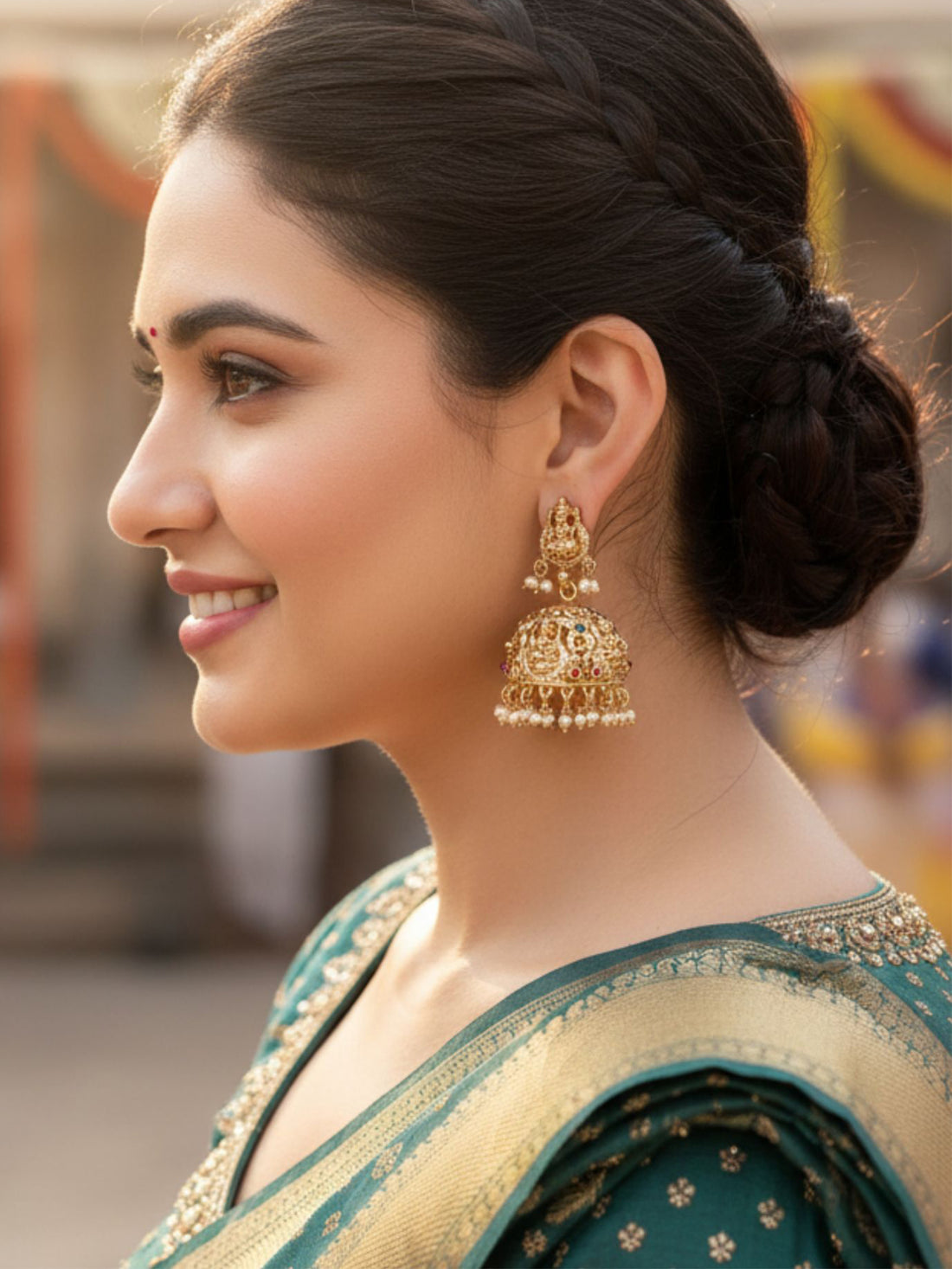 Karatcart Traditional Gold Plated Temple Jhumka Earrings with Laxmi Mata and Pearl Drops for Women