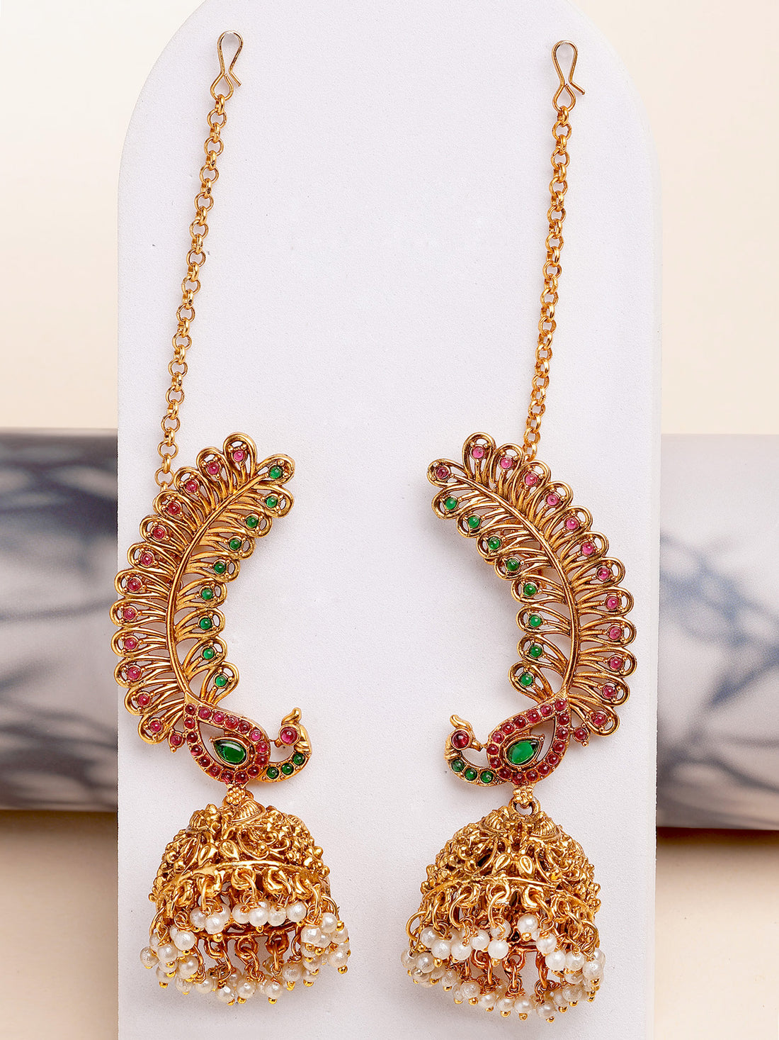 Karatcart Gold Plated Red and Green Peacock Shape Kanauti Kaanchain Jhumki Earrings for Women