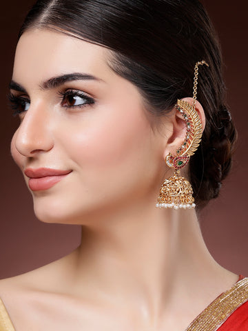 Karatcart Red and Green Gold Plated Peacock Design Kanauti Kaanchain Jhumki Earrings for Women