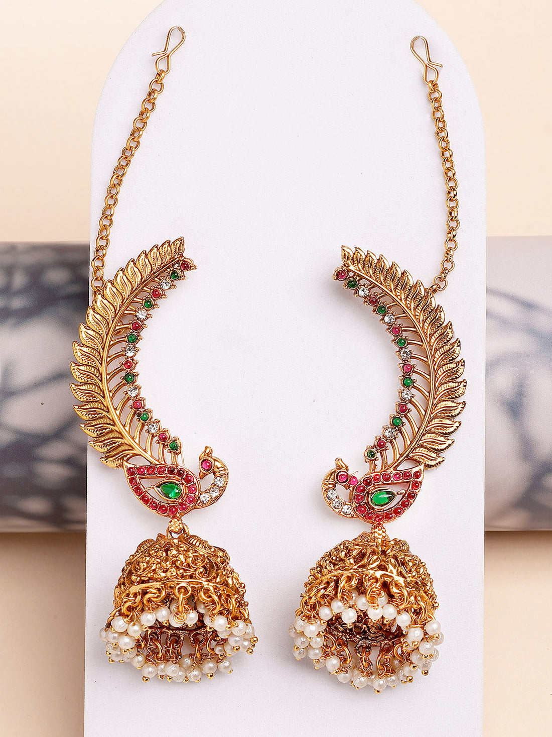 Karatcart Red and Green Gold Plated Peacock Design Kanauti Kaanchain Jhumki Earrings for Women