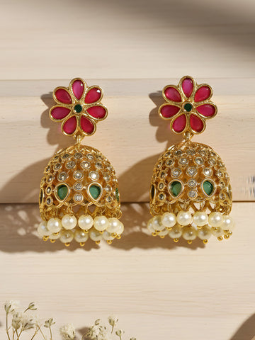 KARATCART Gold Plated Stone Jhumki Pink Earrings for Women