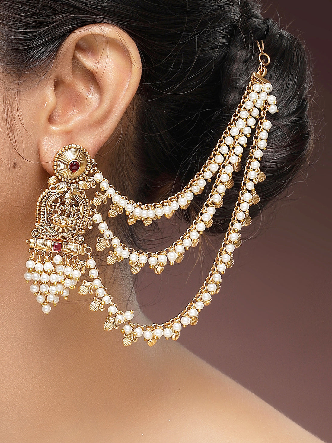 KARATCART Designer Gold-Plated Mata Laxmi Kaanchain Earrings with Multi-Layered Pearl for Women