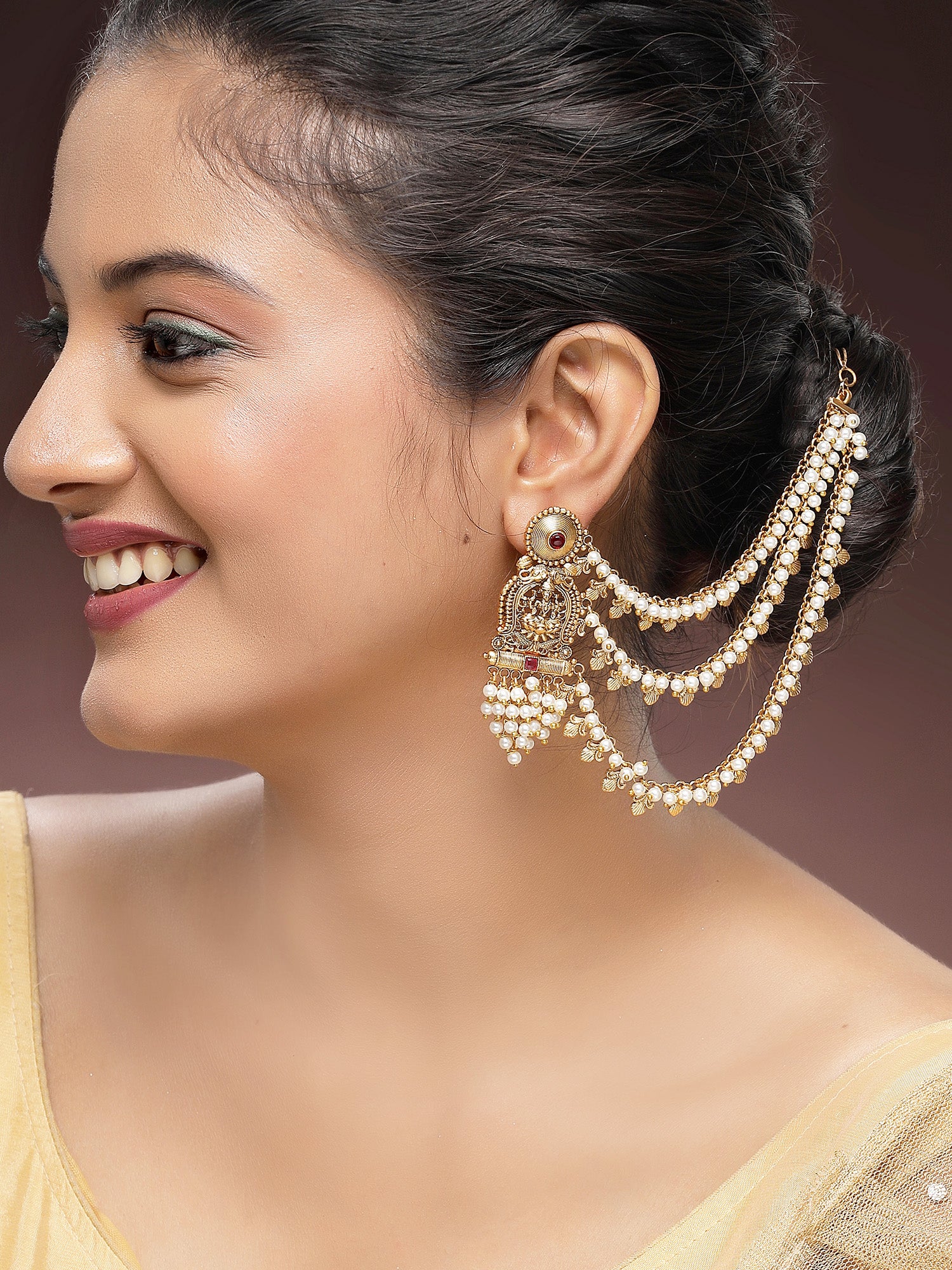 KARATCART Designer Gold-Plated Mata Laxmi Kaanchain Earrings with Multi-Layered Pearl for Women