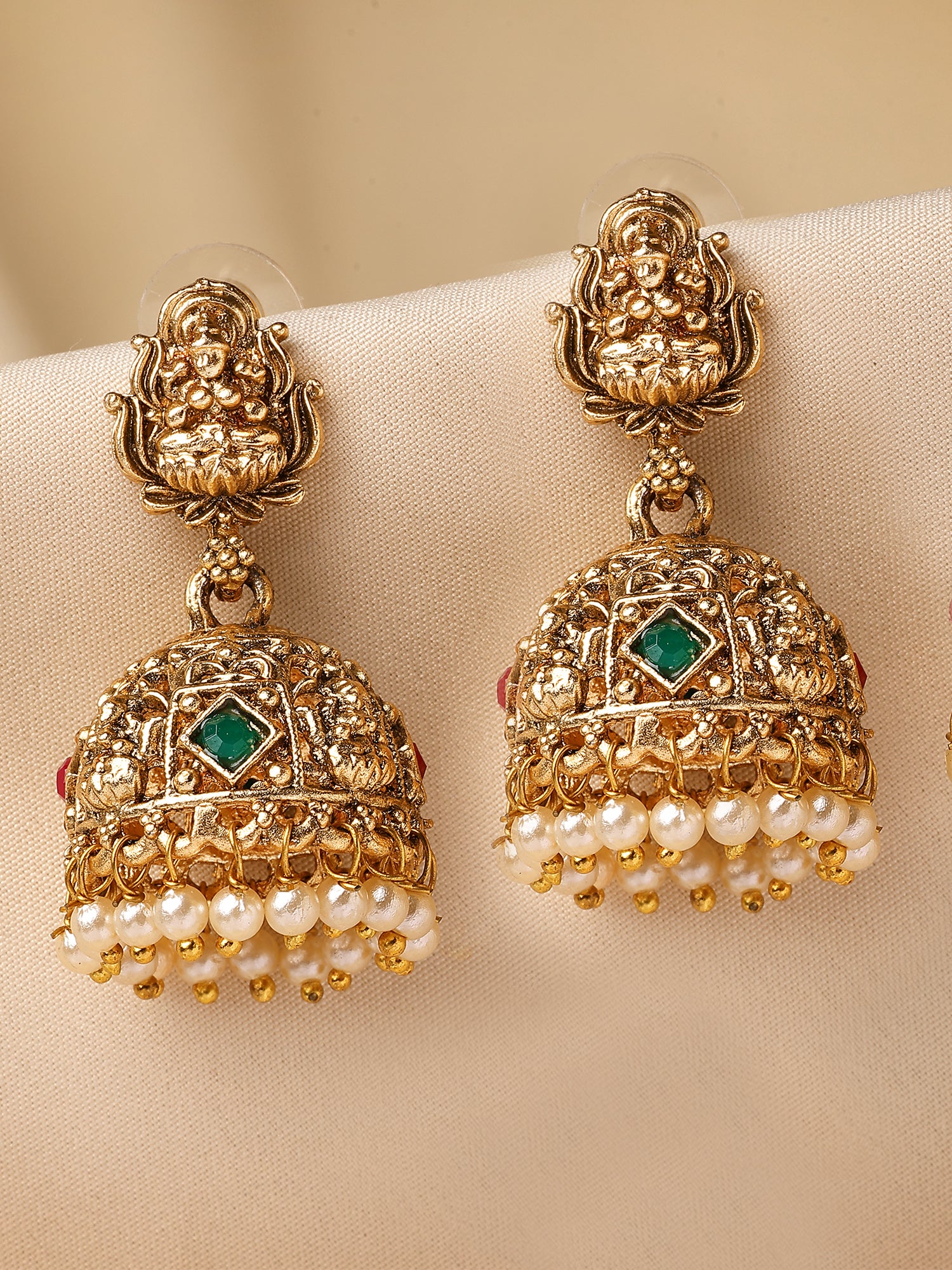 KARATCART Elegant Gold-Plated Lakshmi Mata Temple Jhumki Earrings for Women