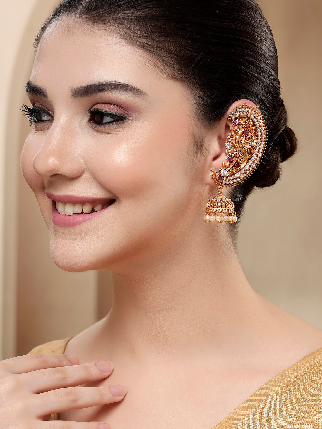 KARATCART Traditional Gold-Plated Peacock Temple Jhumki Earrings with Pearl Drops for Women