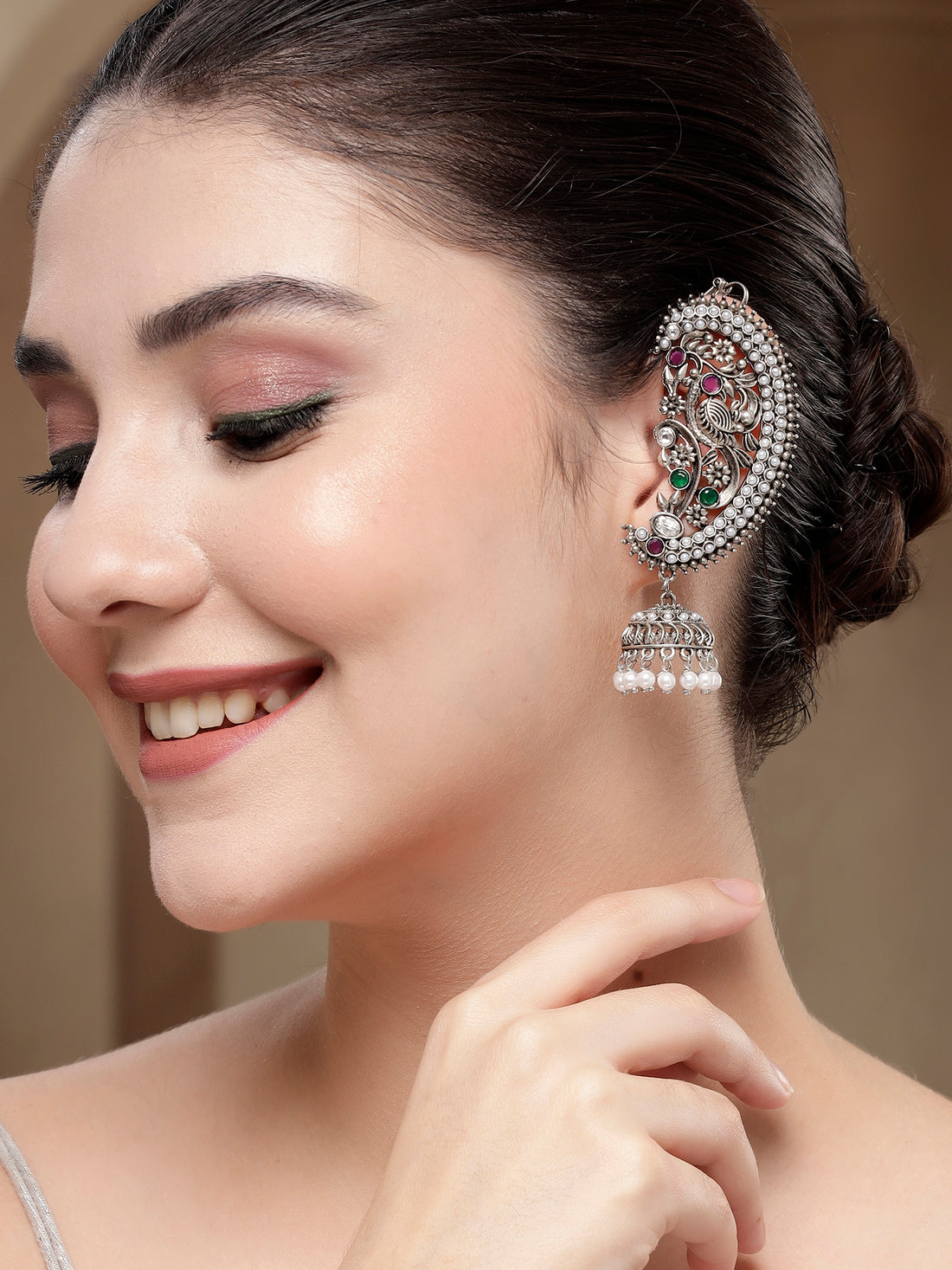 KARATCART Traditional Oxidised Silver Peacock Temple Jhumki Earrings with Pearl Drops for Women