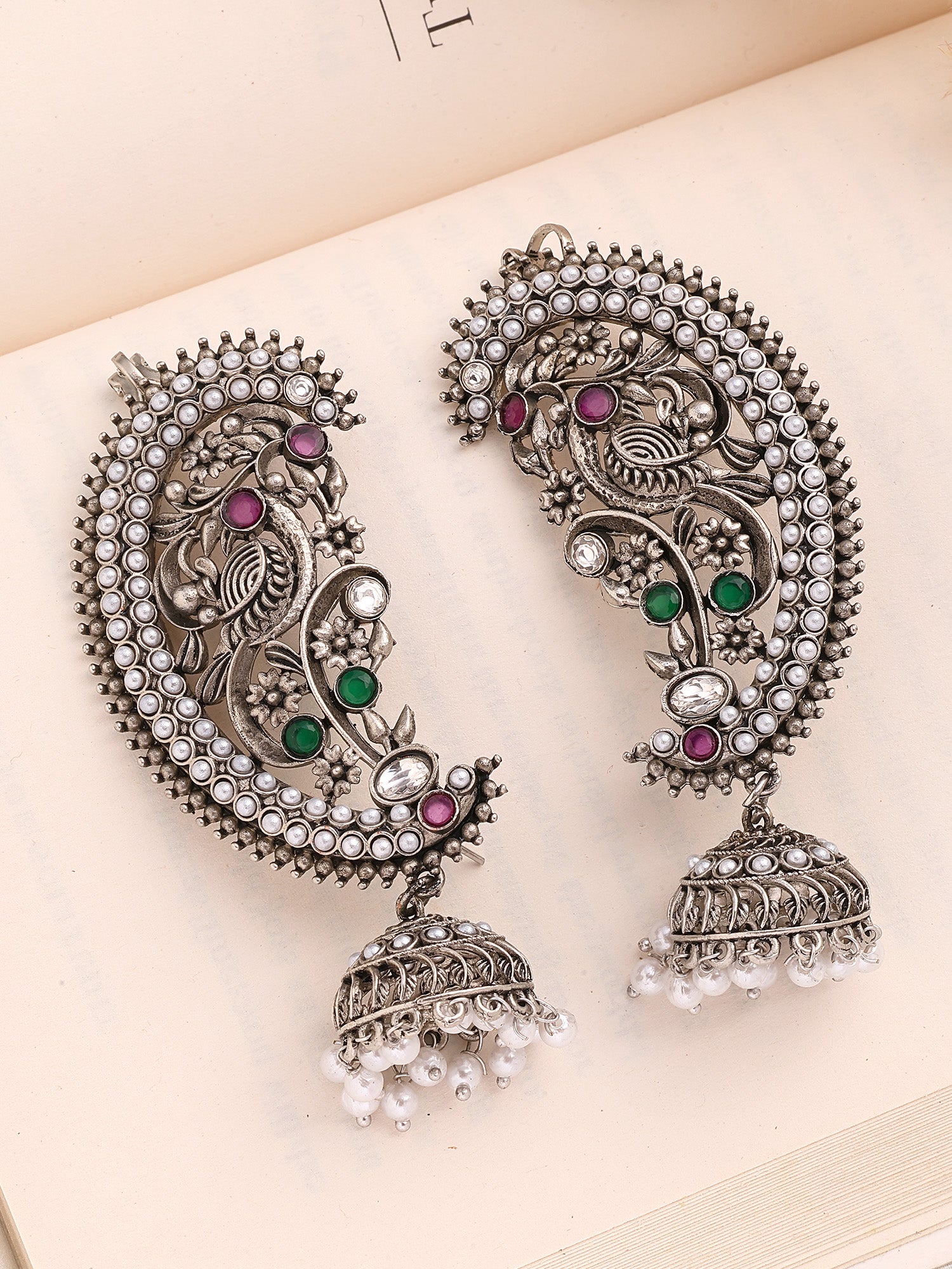 KARATCART Traditional Oxidised Silver Peacock Temple Jhumki Earrings with Pearl Drops for Women
